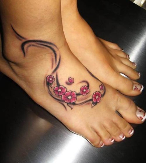 Girl Right Foot Cherry Blossom Flowers Tattoo